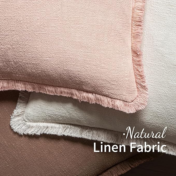 MIULEE Valentines Decorative Throw Pillow Covers Neutral Linen Fringe Throw Pillows Set of 2 Light Pink Boho Farmhouse Cushion Covers for Couch Sofa Bed Living Room Spring Home Decor 20x20 Inch