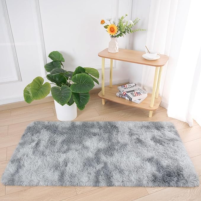 Chicrug Soft Runner Rugs for Bedroom Living Room Plush Fluffy Rug 2x4 Feet, Shag Furry Area Rug Carpet Non Shedding for Nursery Children Kids Girls Room Home Decorative, Grey and White