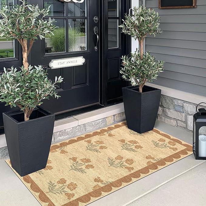 Front Door Mat Indoor Entrance - 2x4.3 Ft Tan Floral Washable Layered Doormat Outdoor Entrance Porch Rug Non-Slip Neutral Country Jute-Look Runner Rug for Kitchen Mud Laundry Room Porch Decor