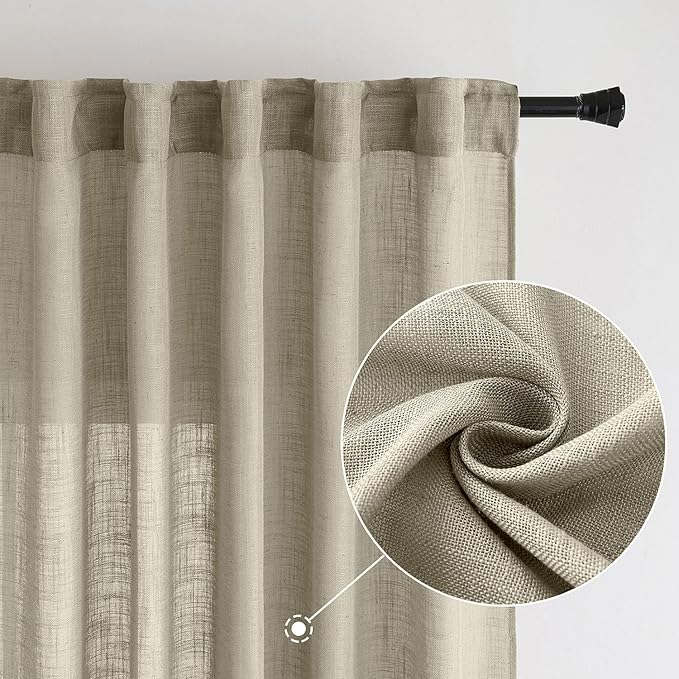 MIULEE Oatmeal Linen Curtains 72 Inch Length 2 Panels for Bedroom Living Room, Soft Thick Linen Textured Natural Window Drapes Semi Sheer Light Filtering Back Tab Rod Pocket Burlap Look Decor
