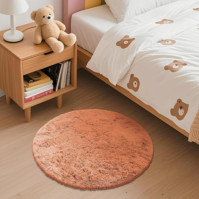 OLANLY Muted Orange Round Rugs for Bedroom - Machine Washable, 2 ft Circle Area Rugs for Living Room, Soft and Fluffy Shaggy Carpet for Teen Girl and Boys, Nursery Rooms, Dorms, Home Decor Aesthetic
