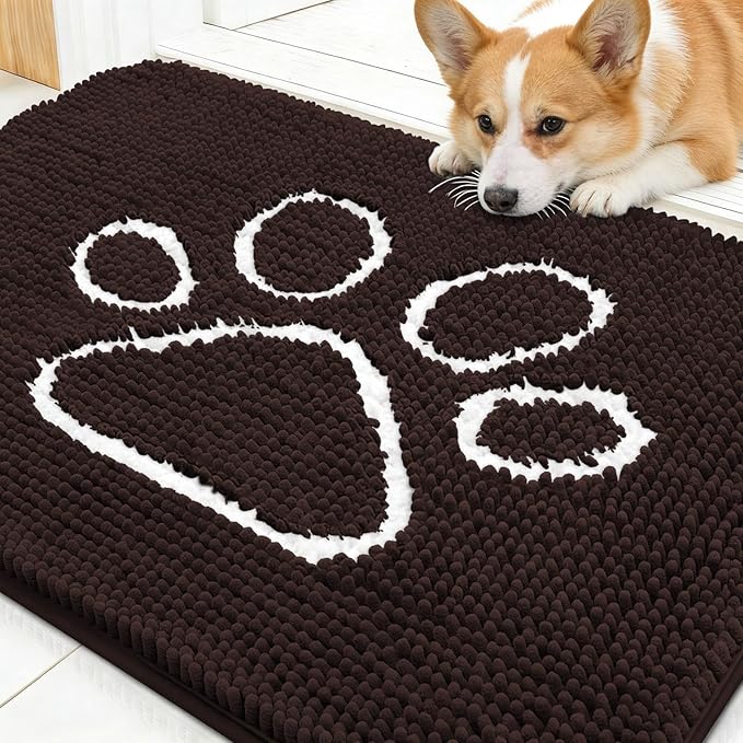 OLANLY Dog Door Mat for Muddy Paws 30x20, Paw Print Design, Absorbs Moisture and Dirt, Absorbent Non-Slip Washable Doormat, Quick Dry Chenille Mud Mat for Dogs, Entry Indoor Entryway Carpet, Brown