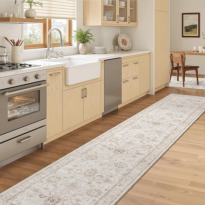 Madane Runner Rug 2x10 for Hallway, Kitchen Non-Slip Runner Rug with Rubber Backing, Vintage Soft Low Pile Throw Neutral Carpet Runner for Laundry Room Entryway Bathroom Bedroom (2 x 10, Brown/Ivory)