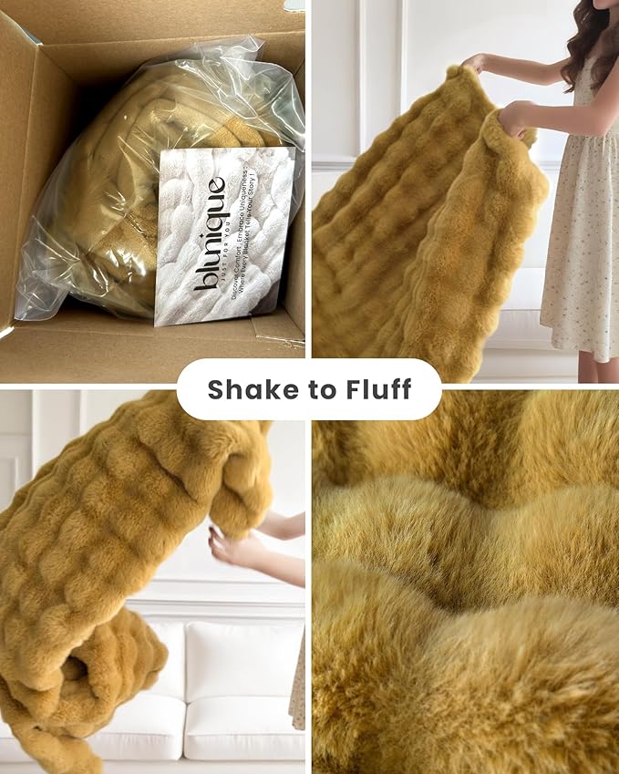 Ultra Soft Cozy Faux Fur Throw Blanket, Fuzzy Plush Thick Bubble Blanket, Oversize Luxury Fluffy Blanket for Couch, Bed, and Living Room, 60x80 Inches, Dark Yellow