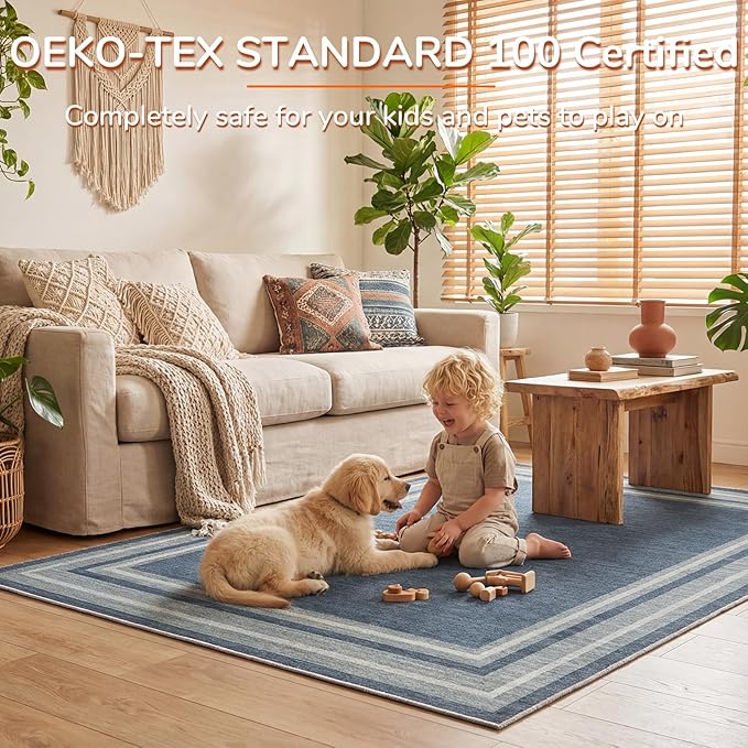 OPPODREAM Border Soft Area Rugs 5x7, Washable Blue Rug with Non Slip Backing, 5 x 7 Faux Cashmere Low-Pile 5x7 Carpet