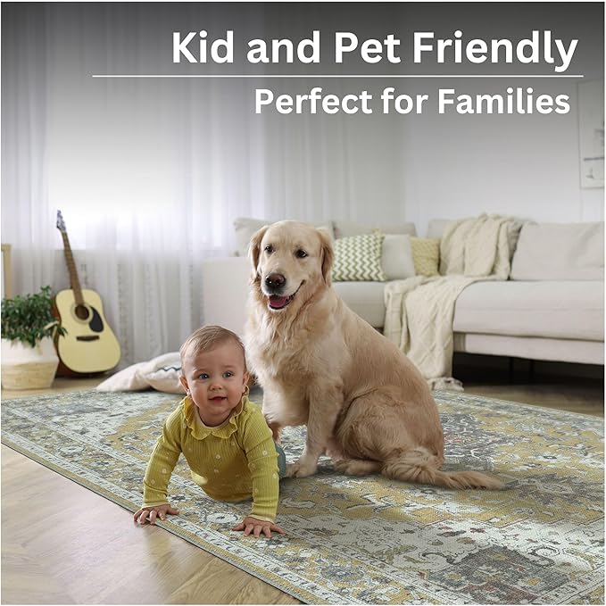 Yellow Area Rug Runner 2.5 x 10 ft, Machine Washable Polyester