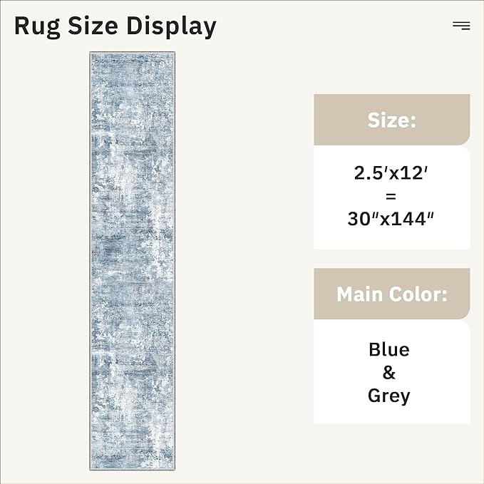 Runner Rug 2'6" x 12' Washable Non-Slip 2.5x12 ft Long Runner Rugs for Kitchen Bathroom Laundry Room Vintage Ultra Thin Runners for Hallway Entryway Blue/Grey