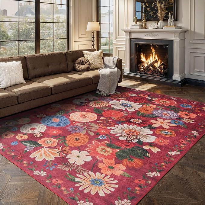 Area Rugs 9x12 Living Room Washable Rug Non Slip Floral Low Pile Large Rug for Living Room, Bedroom, Farmhouse, Dining Room, Kids Playroom(9 x 12, Red Garden)