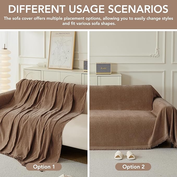 Couch Cover for Dogs, Boho Sofa Covers for 3 Cushion Couch, Chenille Sofa Slipcover for Pets Washable, L-Shape Sectional Couch Loveseat Cover Soft Throw Blankets with Tassels(91x134,Coffee)