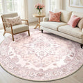 RELEANY Area Rugs 6ft Washable Non-Slip, Floral Vintage Distress Print Pattern Medallion Carpet for Living Room Bedroom Dining Room, Pink Greypink Cute