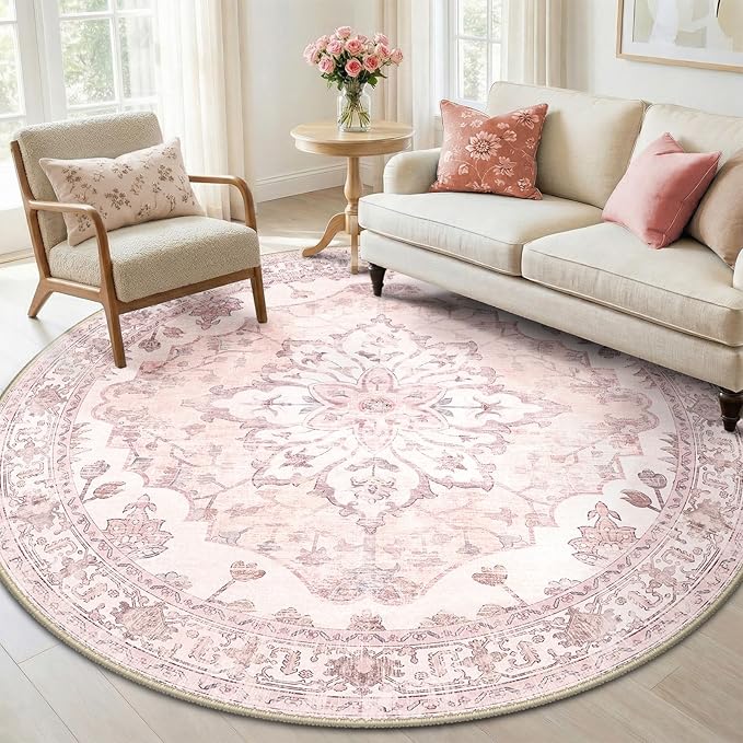 RELEANY Area Rugs 6ft Washable Non-Slip, Floral Vintage Distress Print Pattern Medallion Carpet for Living Room Bedroom Dining Room, Pink Greypink Cute
