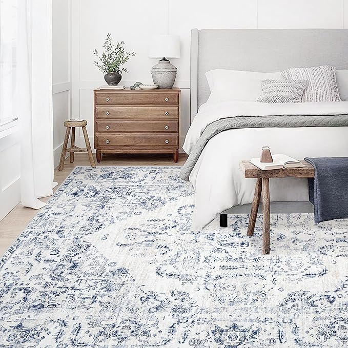 10x14 Area Rugs for Living Room: Washable Rug Vintage Large Rugs Soft Non Slip Low Pile Rug Floral Distressed Floor Carpet for Bedroom Nursery Dining Room Home Office (Blue,10'x14')