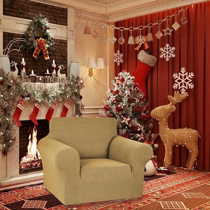 KEKUOU Stretch Single Sofa Slipcover 1 Piece Couch Sofa Cover (31"-55") Furniture Protector 1 Seater Sofa with Elastic Bottom for Kids,Pet.Jacquard Small Checked Pattern Fabric(Small,Tan)