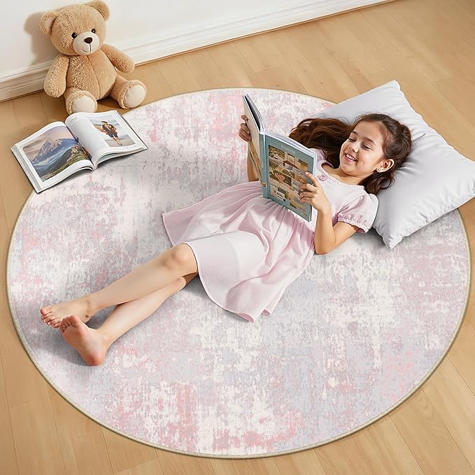 Washable Area Rugs 4ft Non-Slip Modern Abstract Soft for Living Room Entryway Bedroom Nursery, Print Pattern, Grey Pink