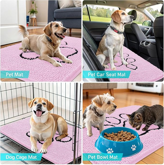 OLANLY Dog Door Mat for Muddy Paws 48x30, Paw Print Design, Absorbs Moisture and Dirt, Absorbent Non-Slip Washable Doormat, Quick Dry Chenille Mud Mat for Dogs, Entry Indoor Entryway Carpet, Pink