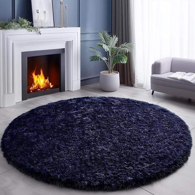 Dark Navy Round Rugs 5Ft for Teen Boys Bedroom, Circular Fluffy Shag Fuzzy Plush Circle Area Rug for Kids Room, Living Room Decor Aesthetic, Indigo Furry Cool Dark Blue Carpet for Dorm Baby Nursery
