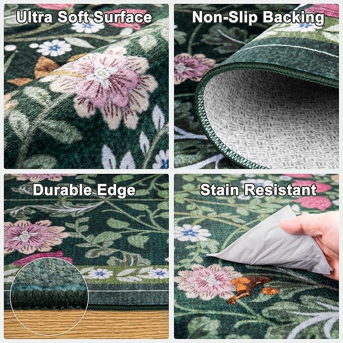 Runner Rug for Entryway: 2.6x8 Kitchen Rugs Non Slip Washable Ultra-Thin Soft Floral Carpet Indoor Floor Stain Resistant Carpets for Hallway Bedroom Kitchen Laundry Bathroom Dorm Dark Green