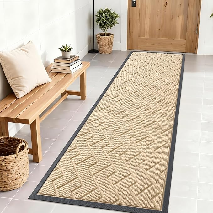 OLANLY Front Door Mat Indoor Outdoor Entrance, Waterproof All-Season, All-Weather Doormat, Sturdy Natural Rubber, Low Profile, Easy Clean Patio Porch Entryway Mat, Herringbone Brick (Beige, 71x23)