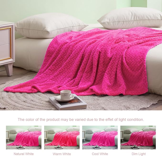 Exclusivo Mezcla Fleece Throw Blanket for Couch and Bed, 50x70 Inches Soft Cozy Jacquard Flannel Blankets, Lightweight Fuzzy Plush Warm Throws for Women, Hot Pink