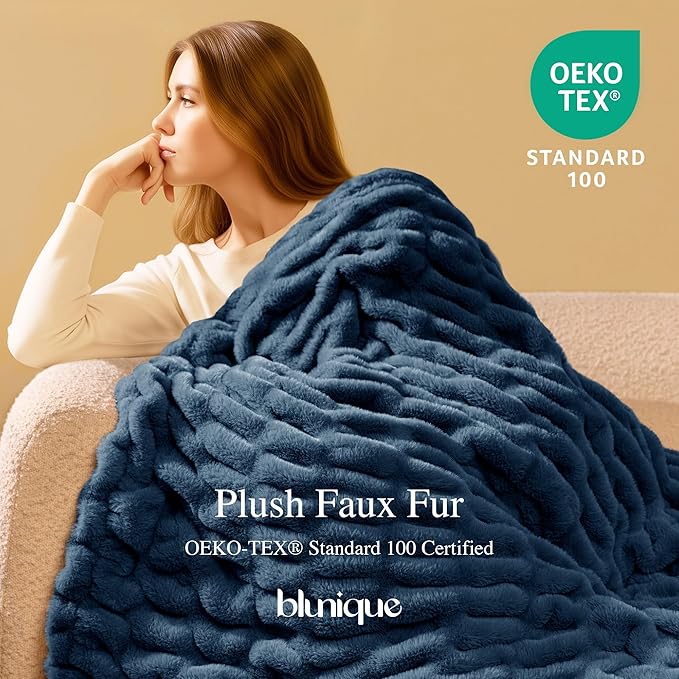 Ultra Soft Cozy Faux Fur Throw Blanket, Fuzzy Plush Thick Bubble Blanket, Oversize Luxury Fluffy Blanket for Couch, Sofa, Bedroom, and Living Room,50x60 Inches,Double Sided Blue
