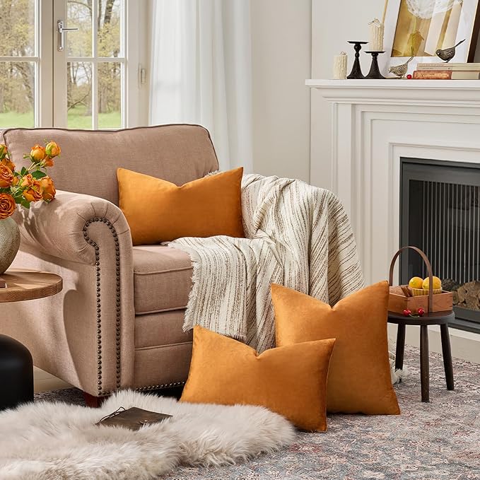 GIGIZAZA Cinnamon Orange Velvet Decorative Throw Pillow Covers for Sofa Bed 2 Pack Soft Cushion Cover