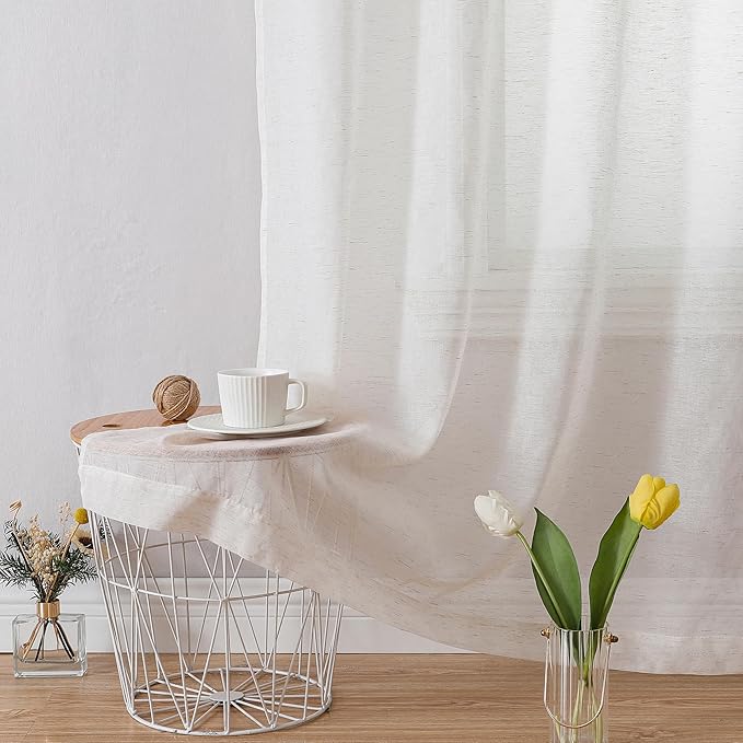 Simplebrand Natural Linen Textured Sheer Curtains 96 inches Long 2 Panels, Rod Pocket Solid Color Window Sheer Curtain Panels, Elegant Curtains & Drapes for Living Room, Bedroom (40" W x 96" L)