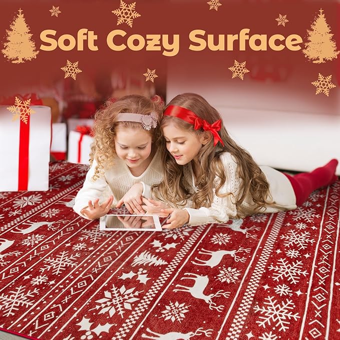 Christmas Rug 8x10 Washable Rugs, Boho Christmas Tree Snowflake Rug Non-Slip Soft Low Pile Non Shedding Indoor Holiday Carpet for Living Room Bedroom Dining Room Home Office (XmasRed, 8'x10')