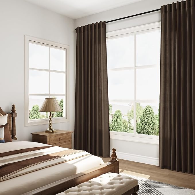 Chocolate Linen Curtains 72 Inch Long for Living Room Bedroom Lightweight Door Drapes 2 Panels Set, Semi Sheer Light Filtering Back Tab or Rod Pocket Curtain,52x72