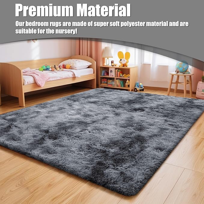 9x12 Fluffy Area Rugs for Living Room,Large Fuzzy Shag Area Rug for Bedroom,Soft Non-Shedding Indoor Plush Carpet for Kids Bedroom Nursery Home Decor,Tie-Dyed Black
