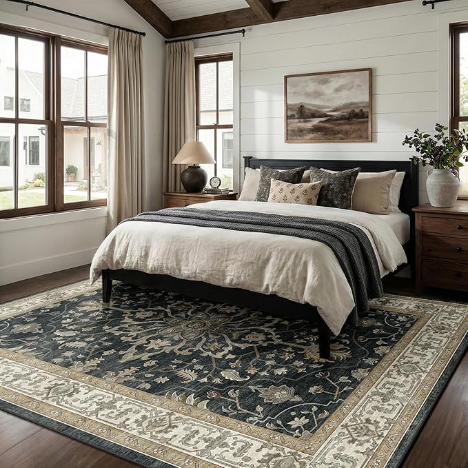 Area Rugs 8'x10' Washable Non-Slip, Floral Vintage Distress Print Pattern Medallion Carpet for Living Room Bedroom Dining Room, Vintage Black Brown Neutral