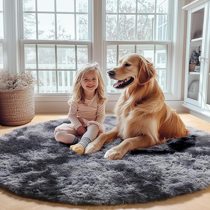 ONASAR Tie-Dyed Dark Grey Round Area Rug 4ft, Ultra Soft Bedroom Circle Rugs for Kids Girls Boys Teen, Fluffy Plush Shaggy Carpet Floor Mats for Nursery Dorm Living Room Office Home Decor