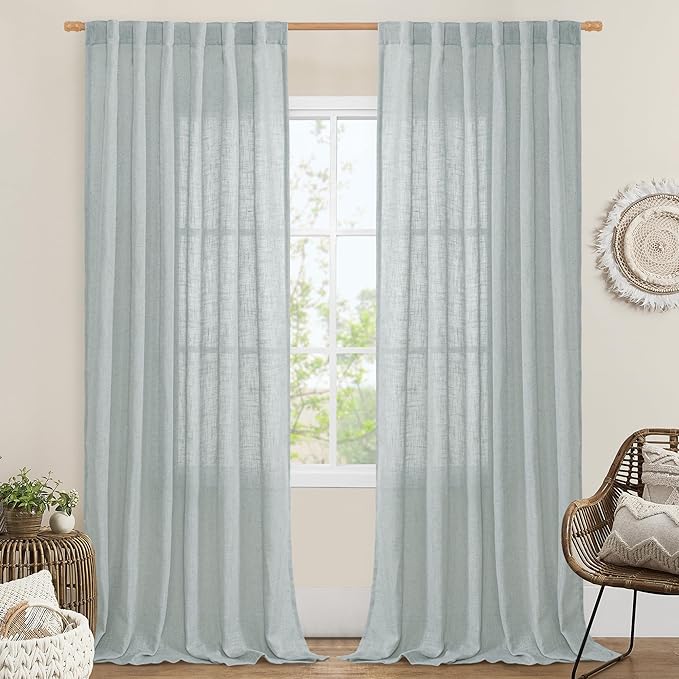 LAMIT Linen Semi Sheer Curtains 96 inches Long 2 Panels Set, Light Filtering Panels Back Tab and Rod Pocket Floor to Ceiling Curtains for Bedroom/Living Room, Greyish Blue, 52 x 96 Inch