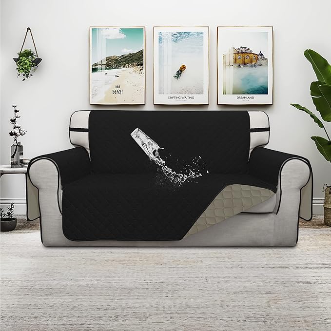 ISSUNTEX Double Protection 100% Waterproof Loveseat Sofa Covers for Living Room, Couch Covers for 2 Cushion Couch Sofa, Reversible Furniture Protector Sofa Cover for Dogs (Loveseat, Black/Beige)