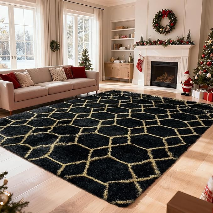 6x9 Fluffy Area Rugs for Living Room,Shag Area Rug for Bedroom,Geometric Soft Fuzzy Rug Non-Shedding Indoor Plush Carpet for Kids Bedroom Nursery Home Decor,Black and Gold
