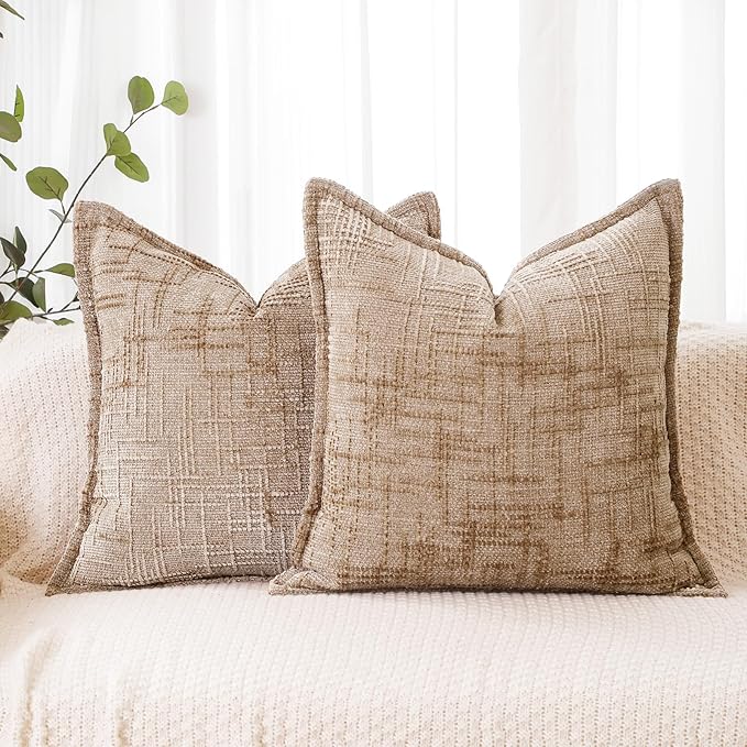 HPUK Fall Chenille Soft Throw Pillow Covers 18x18 Set of 2, Accent Cushion Covers for Living Room, Bedroom, Decorative Solid Color Pillow Covers for Couch, Sofa, Chair, Light Brown