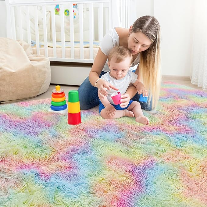 Fluffy Rainbow Colorful Area Rug for Living Room 5x8 Kawaii Tie Dye Rug Fuzzy Indoor Floor Unicorn Rug for Bedroom Girls Kids Nursery Baby Princess Room Dorm Home Decor Aesthetic Carpets