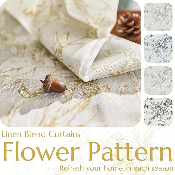 jinchan Floral Curtains 84 Inches Long Mustard Yellow Flower Linen Farmhouse Curtain for Living Room French Country Vintage Curtain Rod Pocket Curtains Set 2 Panels Floral Printed