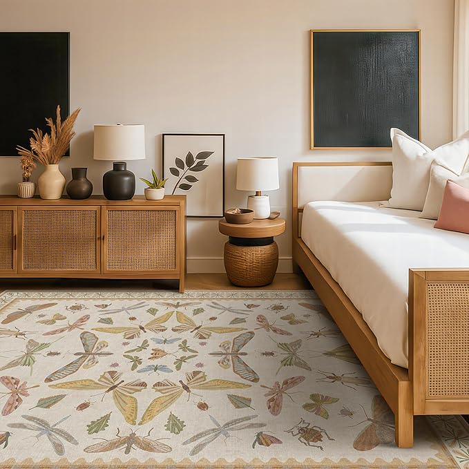 Hazo Haus Beige Dining Table Rug - 6x9 Area Rugs for Bedroom, Living Room, Cute Kids Room, Large Fun Insect Butterfly Vintage Non-Slip Décor, Low Pile Stain Resistant