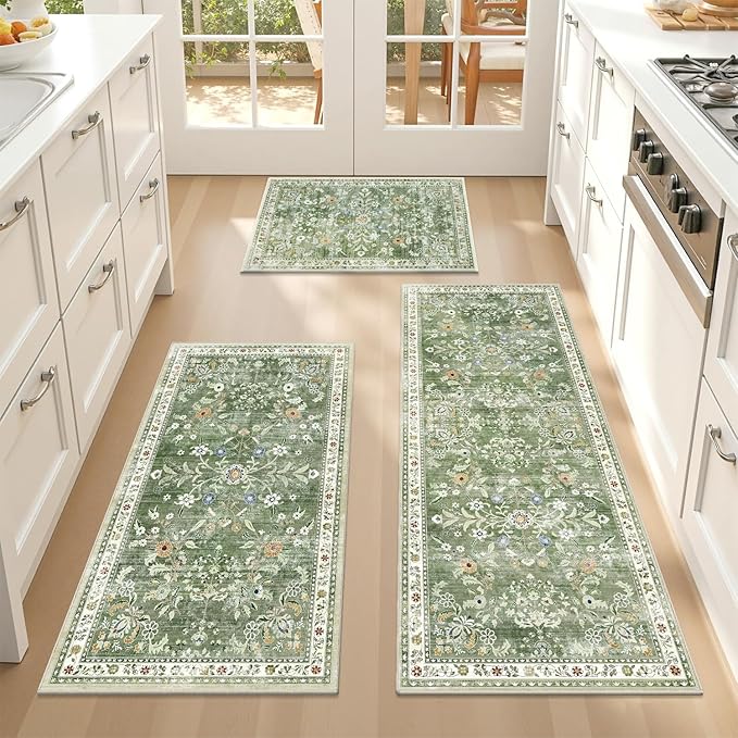 Yamaziot Washable Kitchen Rug Set of 3 – Non Slip Boho Floral Hallway Runner Rug with Rubber Backing, Low Pile Kitchen Mats for Floor, Laundry, Desk (2x3+2x4+2x5,Green)