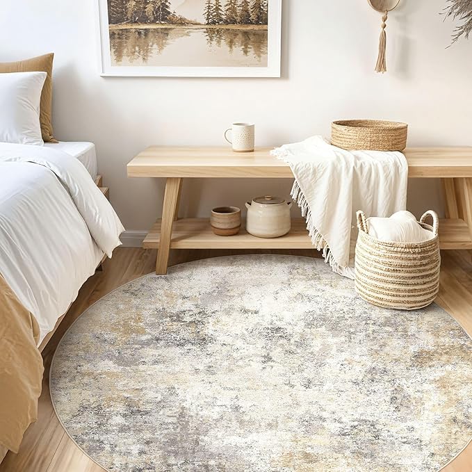 UERMEI 8ft Round Area Rug Living Room Rugs - 8x8 Washable Neutral Modern Abstract Soft Thin Rug Indoor Floor No Slip Rug Carpet for Bedroom Under Dining Table Home Office Decor - Golden Grey