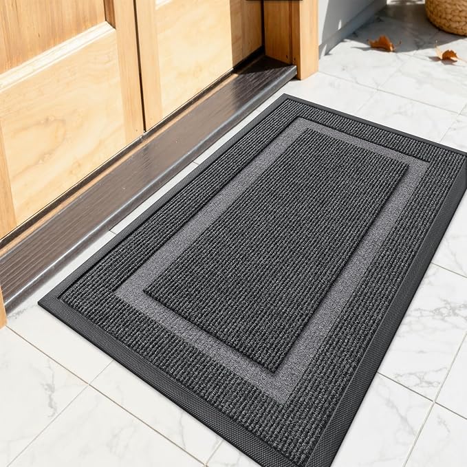 OLANLY Front Door Mat Indoor Outdoor Entrance, Waterproof All-Season, All-Weather Doormat, Sturdy Natural Rubber, Fade Resistant, Low Profile, Easy Clean Patio Porch Entryway Mat, 23.5x15.5, Grey