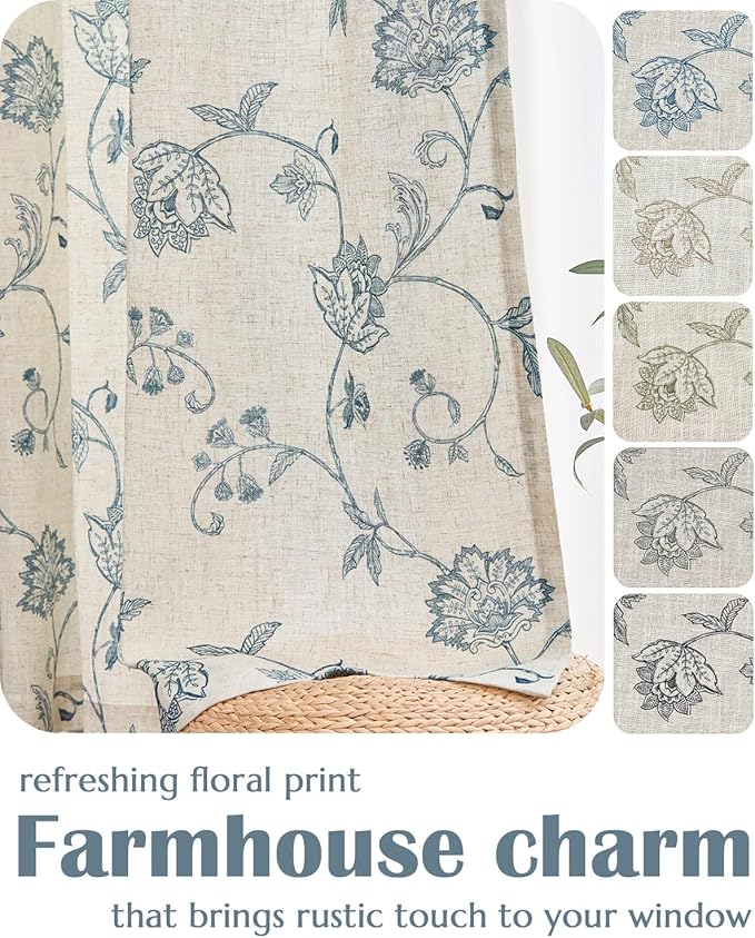 jinchan Linen Curtains Floral Curtains 63 Inch Length for Living Room Bedroom Light Filtering Rod Pocket Back Tab Jacobean Curtains Flax Linen Texture Window Drapes Set 2 Panels Blue on Linen