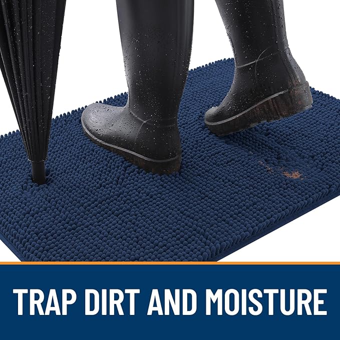 OLANLY Dog Door Mat for Muddy Paws 47x17, Absorbs Moisture and Dirt, Absorbent Non-Slip Washable Doormat, Quick Dry Chenille Mud Mat for Dogs, Entry Indoor Entryway Carpet for Inside Floor, Dark Blue