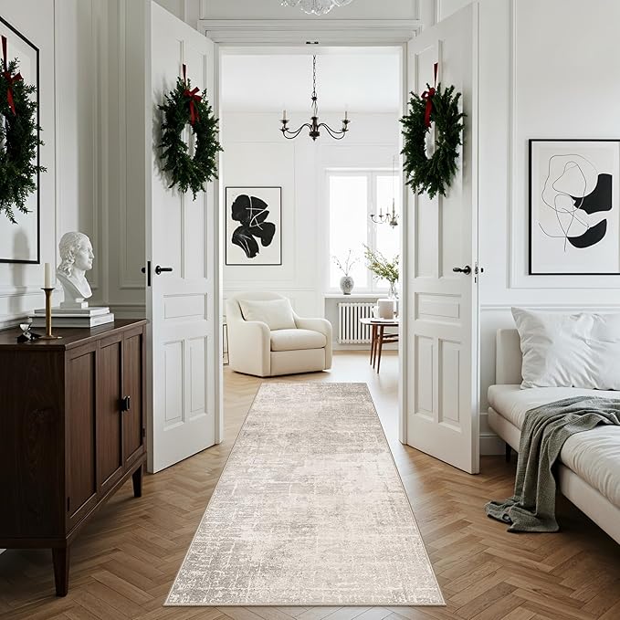 3x7 Washable Hallway Runner Rug: Abstract Stain Resistant Kitchen Rug Farmhouse Ultra Soft Bathroom Bedroom Entryway Printed Floor Mat Thin Non-Slip Carpet for Living Room Laudry(3x7,Beige/Cream)