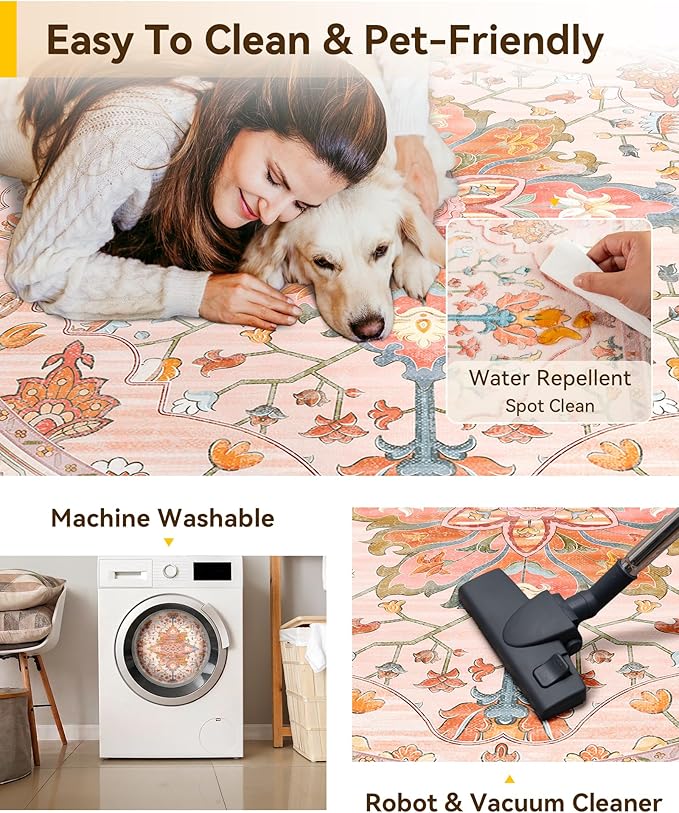 RELEANY Area Rugs 4ft Washable Non-Slip, Floral Vintage Distress Print Pattern Medallion Carpet for Living Room Bedroom Dining Room, Light Pink Colorful