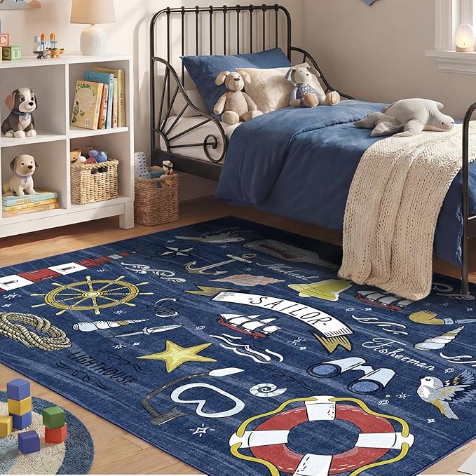 OPPODREAM Nautical Soft Area Rugs 5x7, Washable Dark Blue Rug with Non Slip Backing, 5 x 7 Faux Cashmere Low-Pile 5x7 Carpet