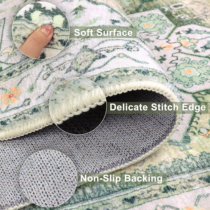 Yamaziot Washable Area Rug, 2x3 Small Entryway Rug Non-Slip Boho Vintage Rug with Rubber Backing, Low Pile Faux Wool Soft Distressed Floor Carpet for Indoor Door Mat, Kitchen, Laundry Bathroom