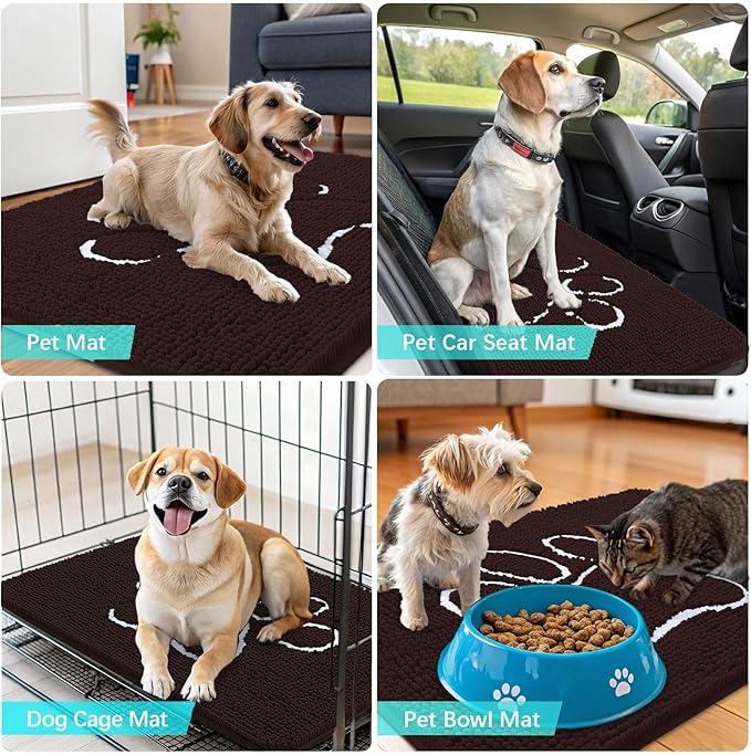 OLANLY Dog Door Mat for Muddy Paws 44x32, Paw Print Design, Absorbs Moisture and Dirt, Absorbent Non-Slip Washable Doormat, Quick Dry Chenille Mud Mat for Dogs, Entry Indoor Entryway Carpet, Brown