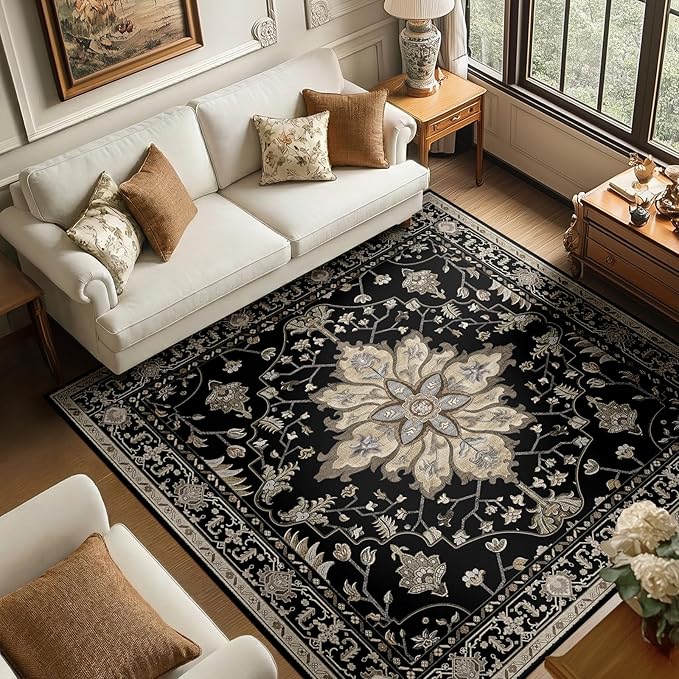RELEANY Area Rugs Square 6ft Washable Non-Slip, Floral Vintage Distress Print Pattern Medallion Carpet for Living Room Bedroom Dining Room, Black Brown Neutral Dark Tan
