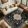 RELEANY Area Rugs Square 6ft Washable Non-Slip, Floral Vintage Distress Print Pattern Medallion Carpet for Living Room Bedroom Dining Room, Black Brown Neutral Dark Tan